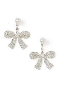 Silver Tone Bow Pearl Front Back Drop Earrings