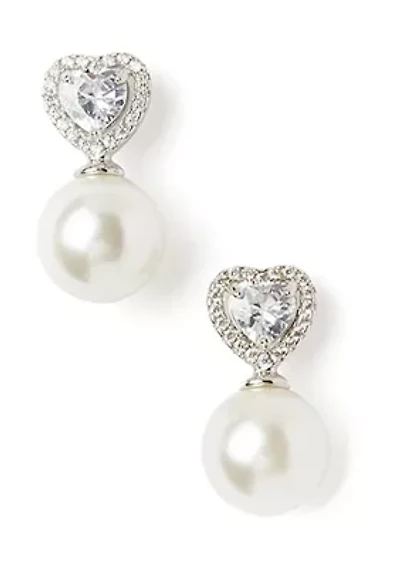 Silver Tone Happy Heart Pearl Earrings