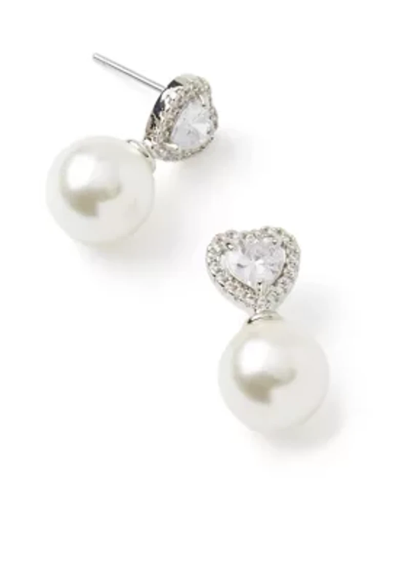 Silver Tone Happy Heart Pearl Earrings