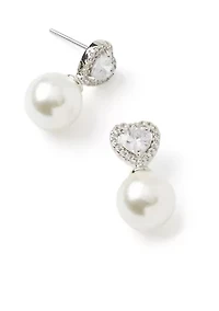 Silver Tone Happy Heart Pearl Earrings