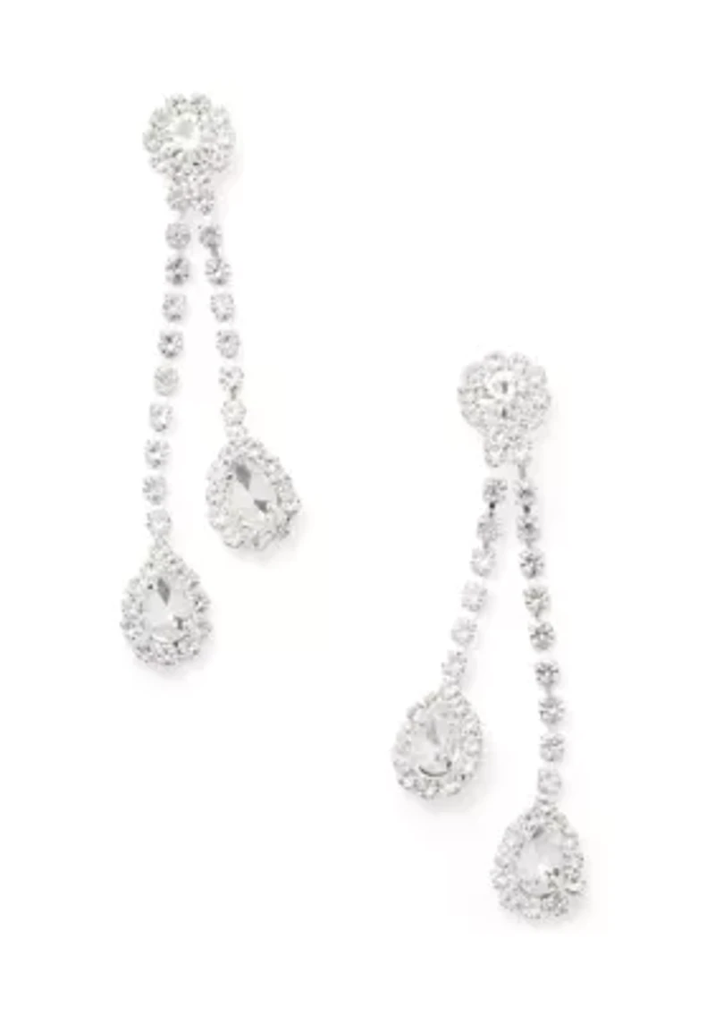 Silver Tone Double Sparkle Teardrops Linear Earrings