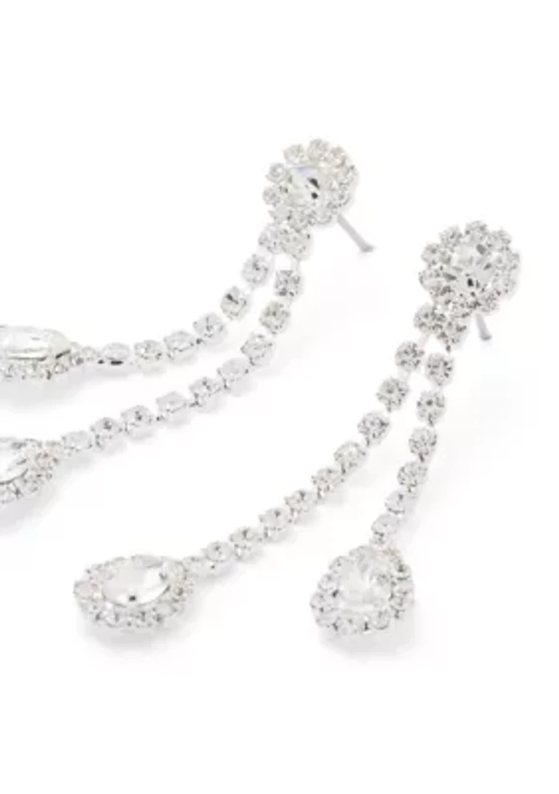 Silver Tone Double Sparkle Teardrops Linear Earrings