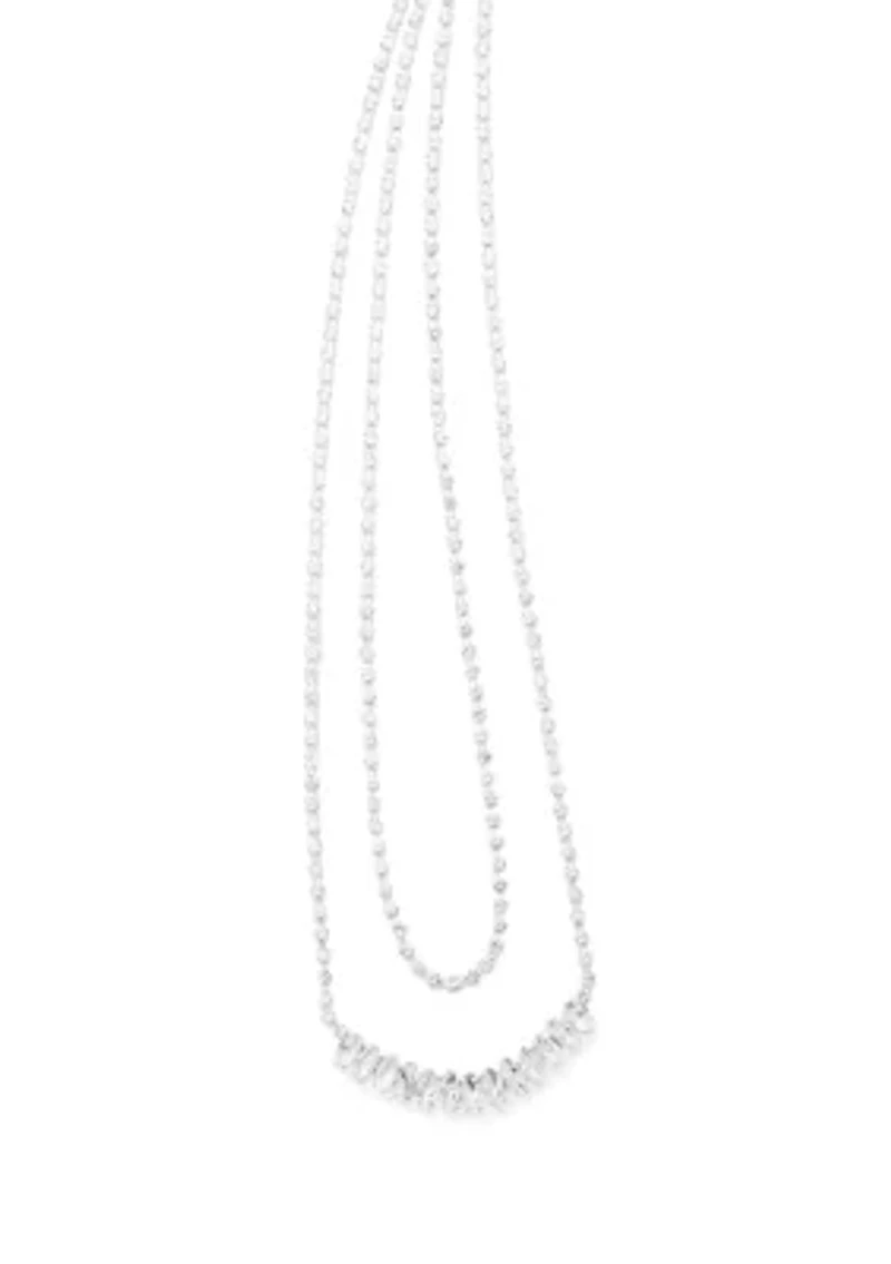 Silver Tone Frontal Navete Two Row Necklace
