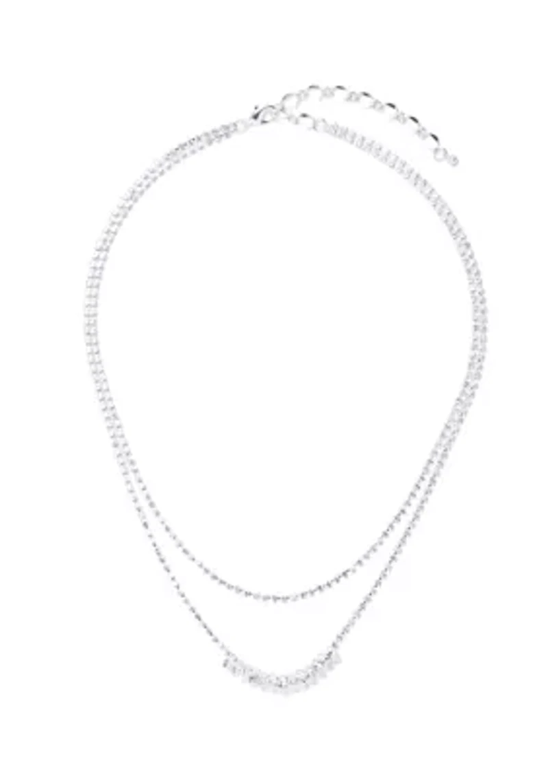 Silver Tone Frontal Navete Two Row Necklace