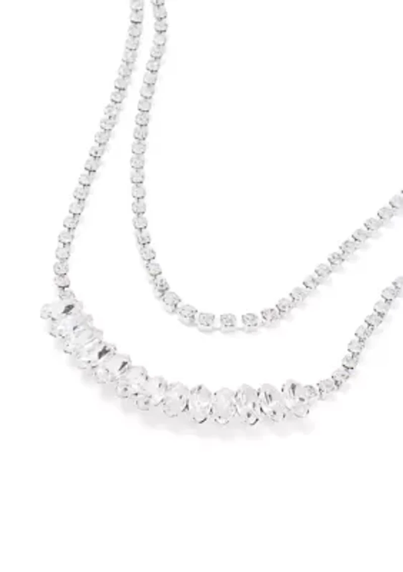 Silver Tone Frontal Navete Two Row Necklace