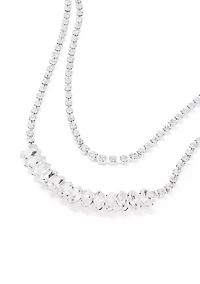 Silver Tone Frontal Navete Two Row Necklace