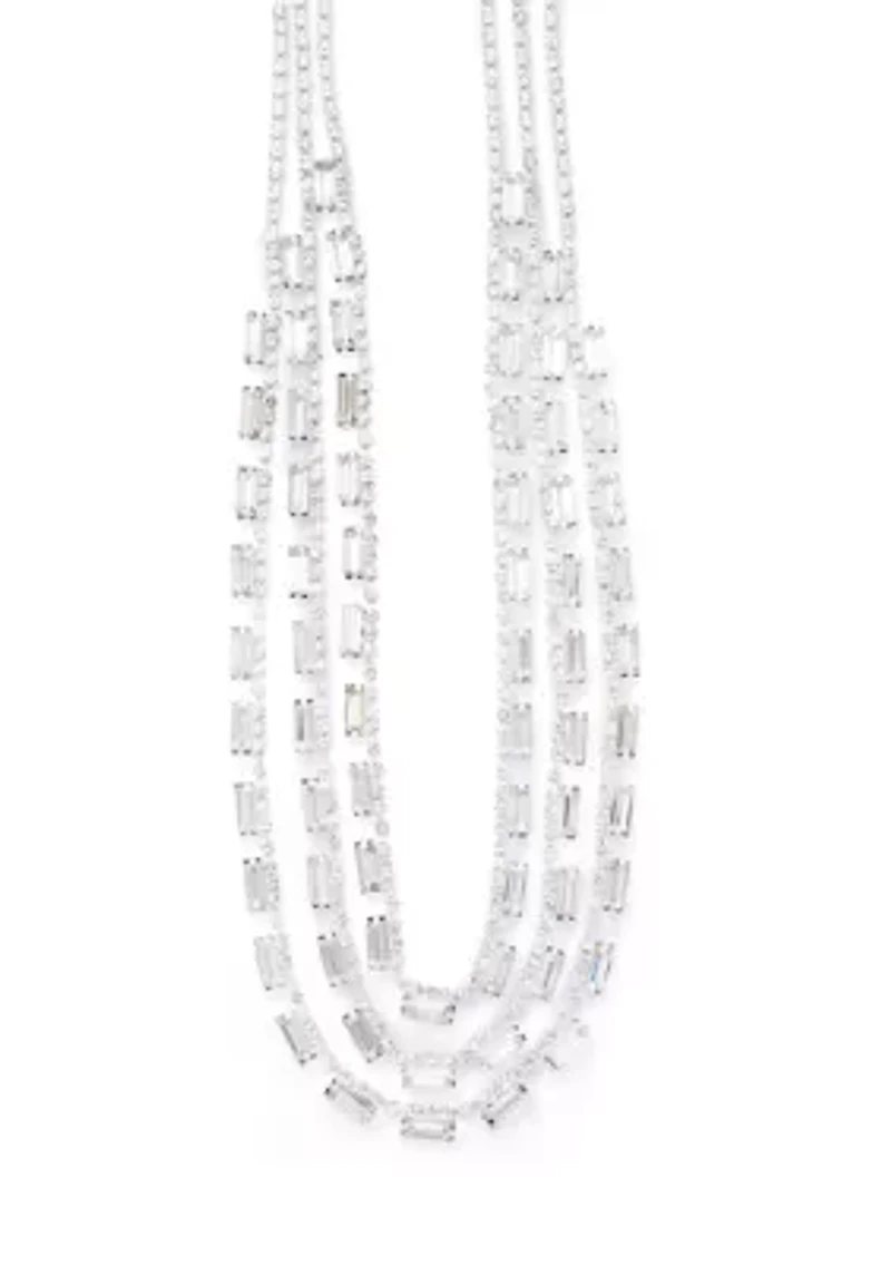 Silver Tone Three Row Baguette Statement Necklace