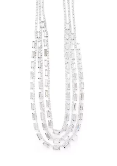 Silver Tone Three Row Baguette Statement Necklace