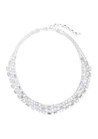 Silver Tone Three Row Baguette Statement Necklace