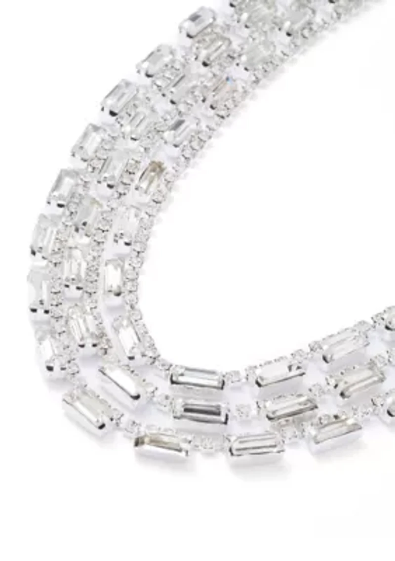 Silver Tone Three Row Baguette Statement Necklace