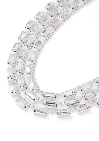 Silver Tone Three Row Baguette Statement Necklace