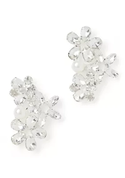 Silver Tone Classic Cluster Pearl Crystal Crawler Earrings