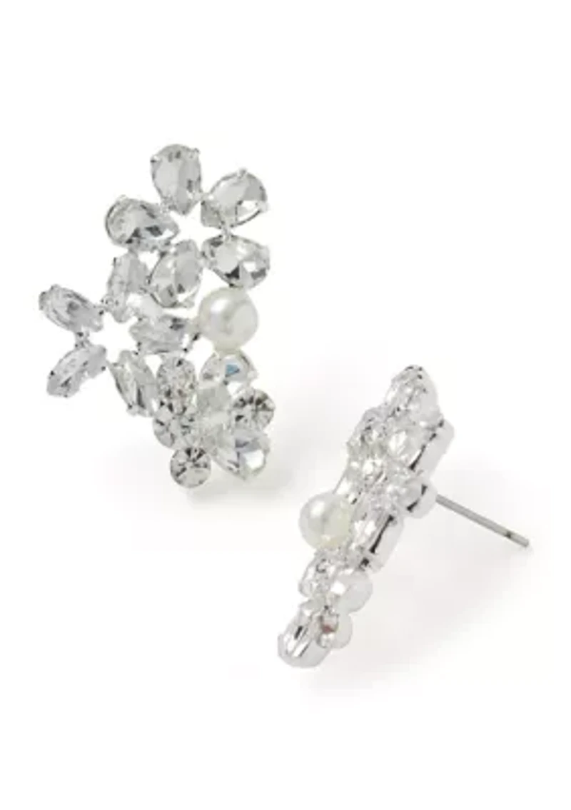 Silver Tone Classic Cluster Pearl Crystal Crawler Earrings