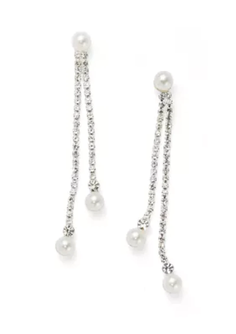 Silver Tone Extra Elegant Linear Pearl Drop Earrings
