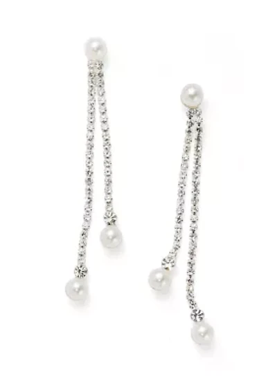 Silver Tone Extra Elegant Linear Pearl Drop Earrings