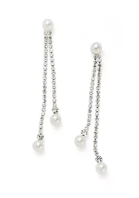 Silver Tone Extra Elegant Linear Pearl Drop Earrings