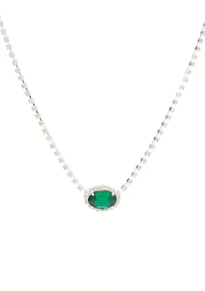 Silver Tone 16'' Oval Halo Button Pendant Necklace