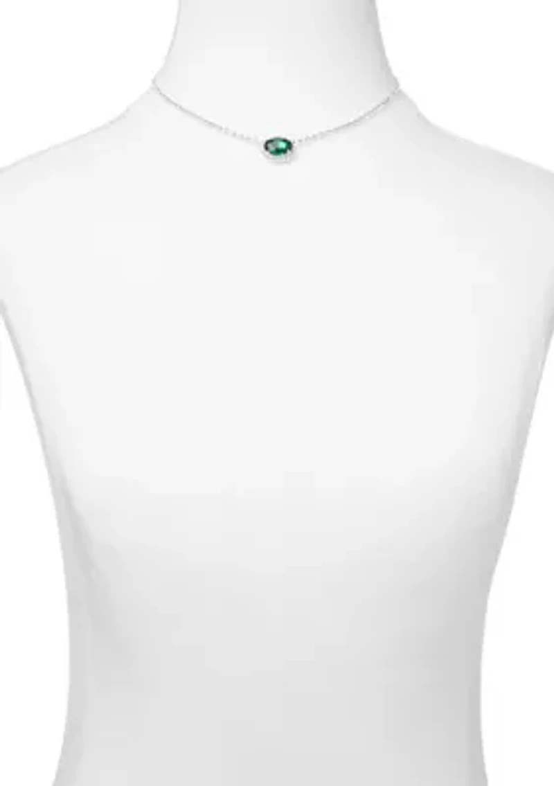 Silver Tone 16'' Oval Halo Button Pendant Necklace