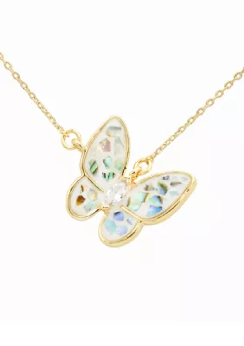 Lab Created Cracked Abalone Gold Butterfly Pendant Necklace