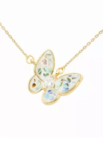 Lab Created Cracked Abalone Gold Butterfly Pendant Necklace