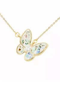Lab Created Cracked Abalone Gold Butterfly Pendant Necklace