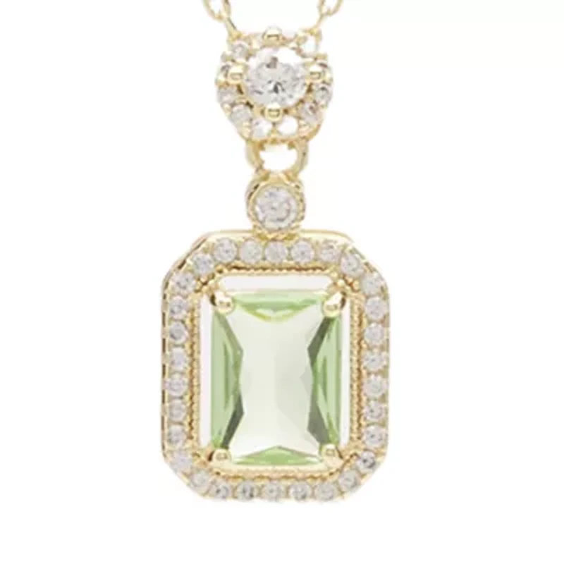 Gold Tone Green Emerald Stone Halo Pendant Necklace