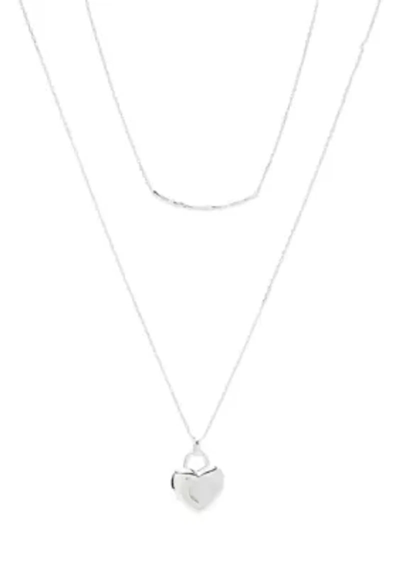 Lab Grown Silver Tone Bar and Heart Locket Duo Necklace Set
