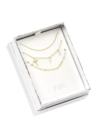 Gold Tone Triple Strand Chain and Cross Necklace Set