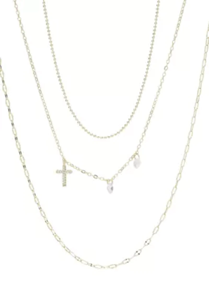 Gold Tone Triple Strand Chain and Cross Necklace Set