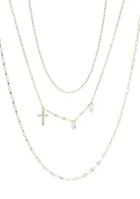Gold Tone Triple Strand Chain and Cross Necklace Set