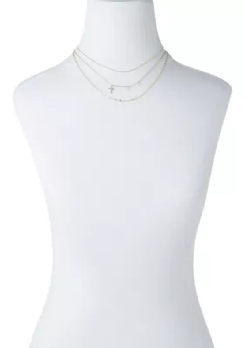 Gold Tone Triple Strand Chain and Cross Necklace Set