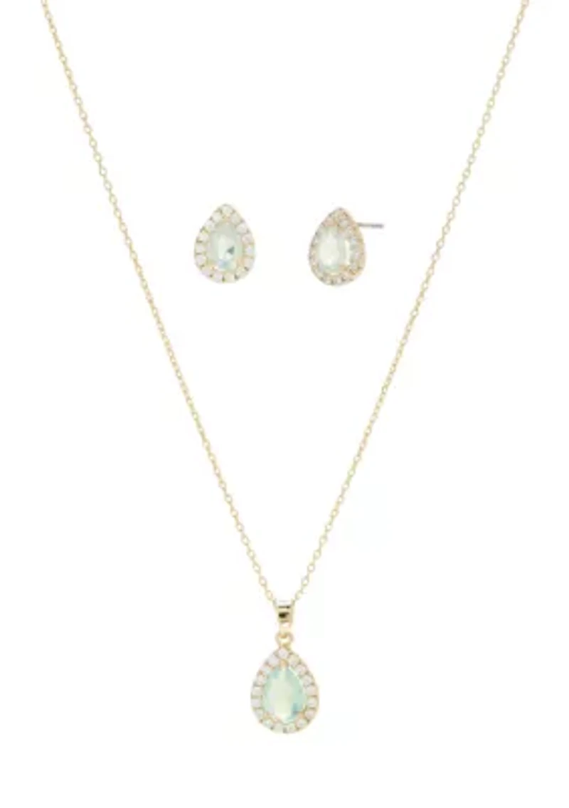 Gold Tone Cubic Zirconia Pear Halo Necklace and Earrings Set