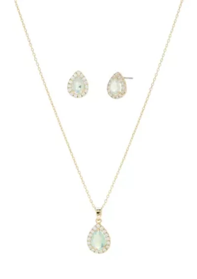 Gold Tone Cubic Zirconia Pear Halo Necklace and Earrings Set