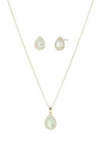 Gold Tone Cubic Zirconia Pear Halo Necklace and Earrings Set