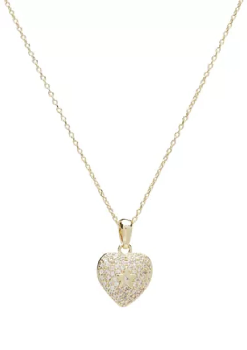 Lab Grown Gold Tone Cubic Zirconia Pavé Puff Heart Locket Necklace