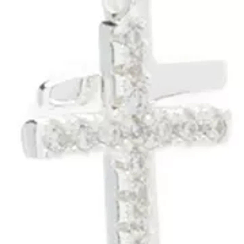 Silver Tone Cubic Zirconia Pavé Double Cross Charm Pendant Necklace