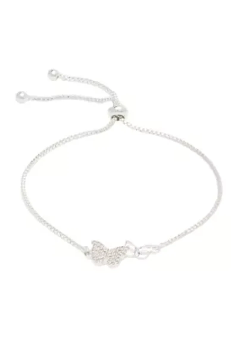 Silver Tone Cubic Zirconia Pavé Double Butterfly Adjustable Bracelet
