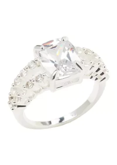 Silver Tone Cubic Zirconia Emerald Cut Open Row Band Ring