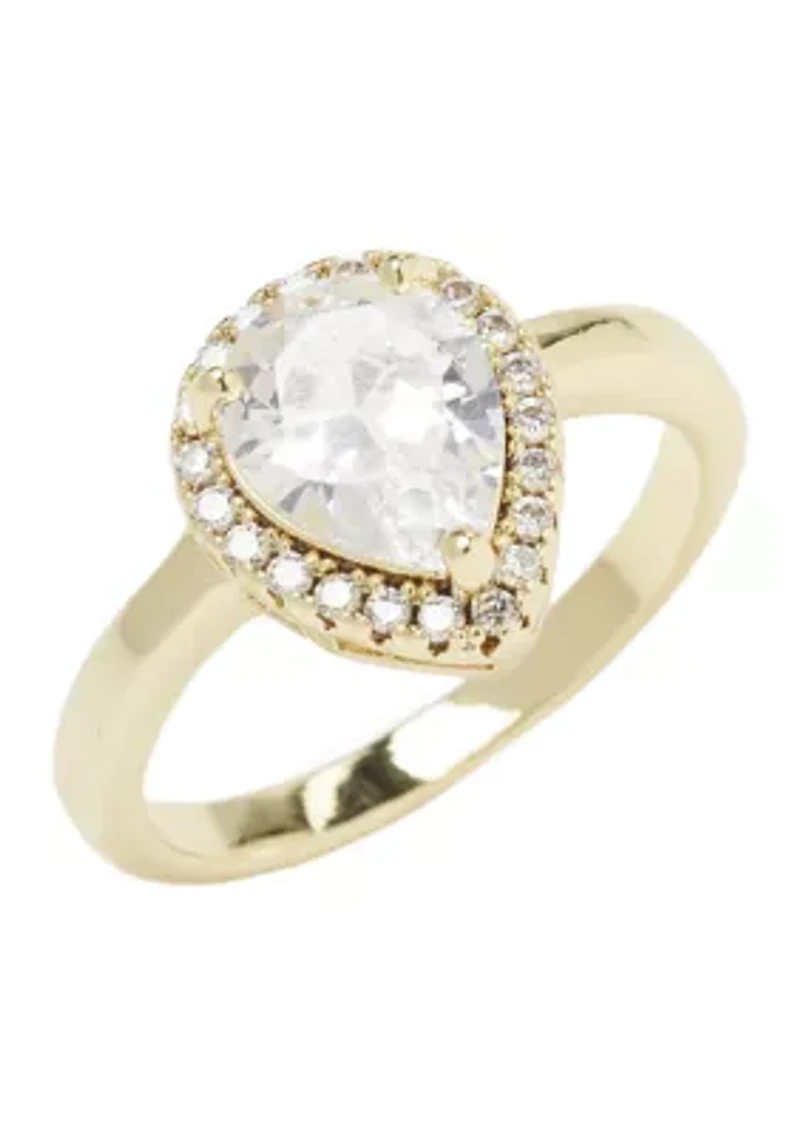 Gold Tone Cubic Zirconia Pear Stone Halo Ring