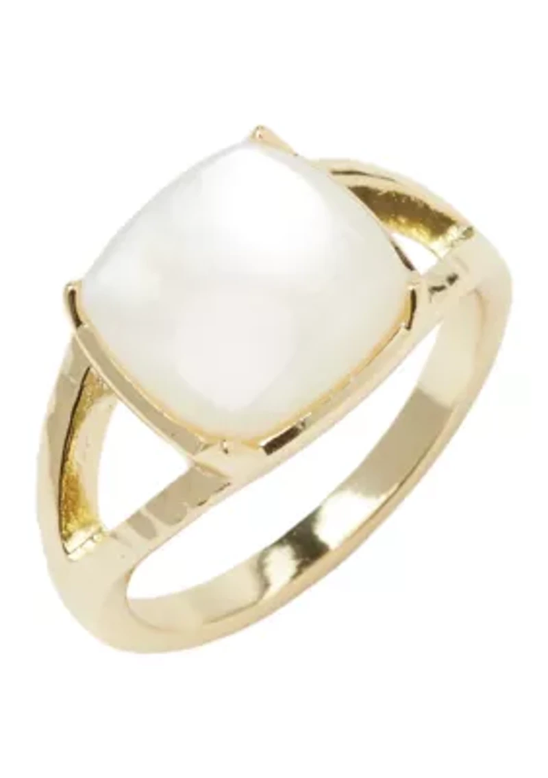 Gold Tone Mother of Pearl Cushion Stone Hammered Band Ring