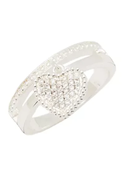 Silver Tone Pavé Heart Charm Faux Stack Band Ring