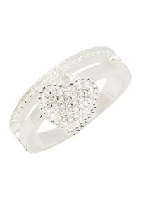 Silver Tone Pavé Heart Charm Faux Stack Band Ring