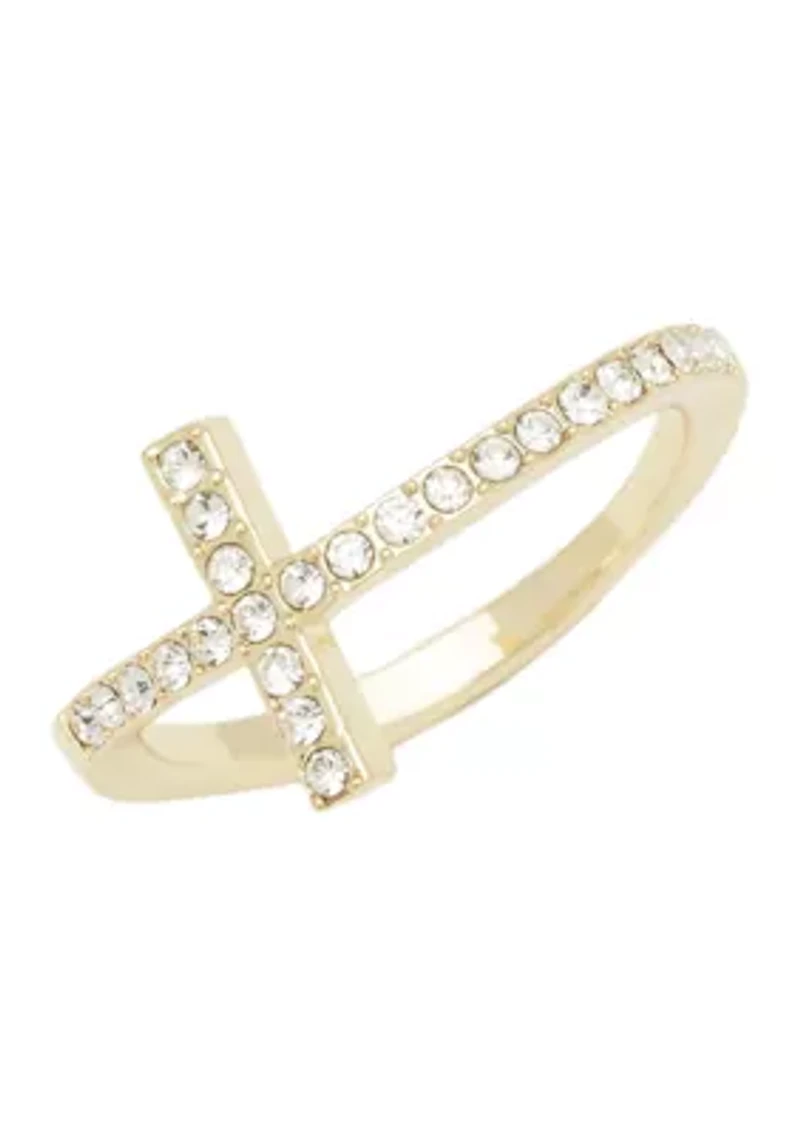 Gold Tone Crystal Pavé Sideways Cross Ring