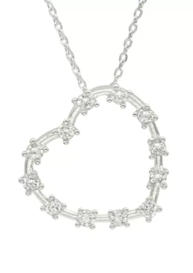 Silver Tone Cubic Zirconia Open Heart Pendant Necklace