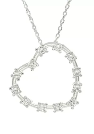 Silver Tone Cubic Zirconia Open Heart Pendant Necklace