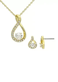 Gold Tone Cubic Zirconia Open Pear Necklace and Earring Set