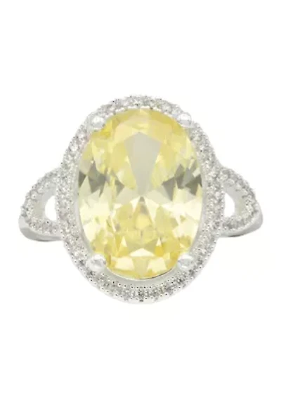 Silver Tone Jonquil Oval Cubic Zirconia Halo Open Band Ring