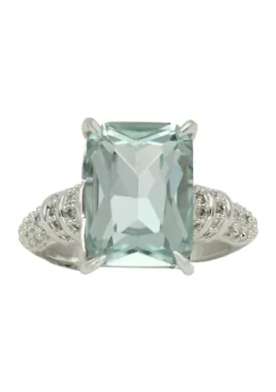 Silver Tone Large Aquamarine Ascher Cut Cocktail Ring
