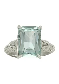 Silver Tone Large Aquamarine Ascher Cut Cocktail Ring
