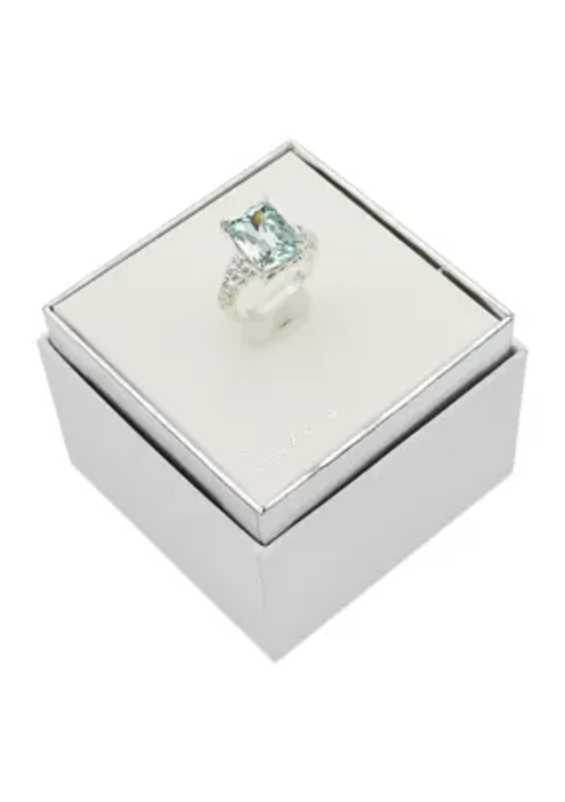 Silver Tone Large Aquamarine Ascher Cut Cocktail Ring